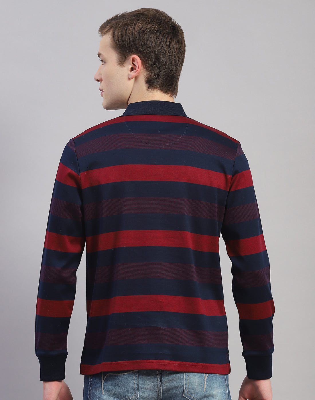 Men Maroon Stripe Polo Collar Full Sleeve T-Shirt