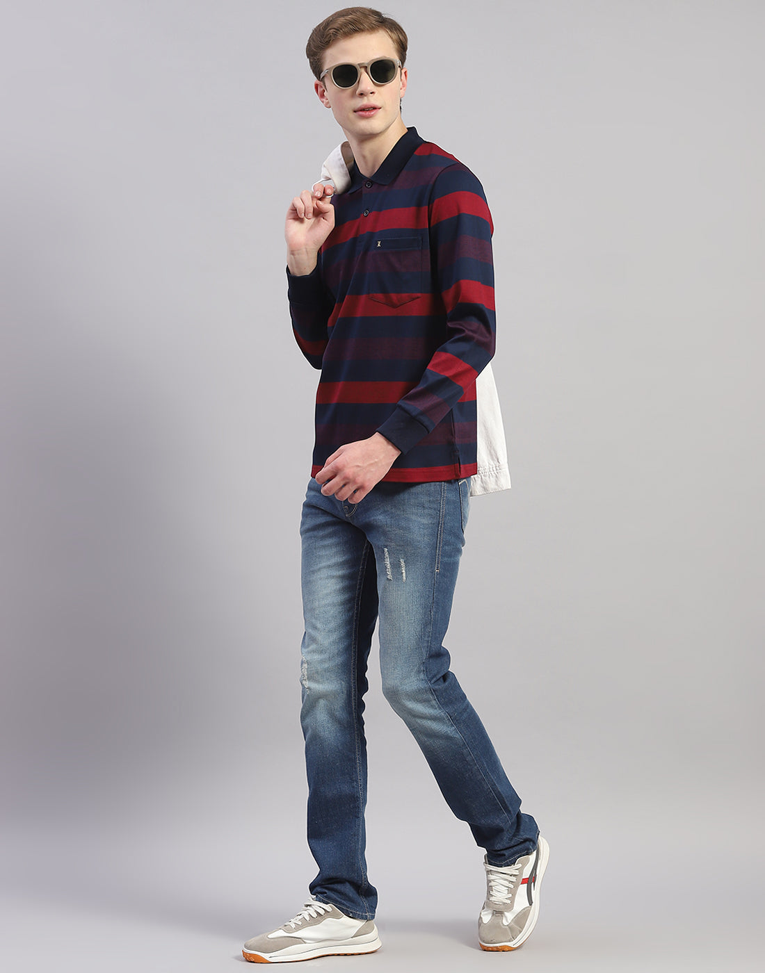 Men Maroon Stripe Polo Collar Full Sleeve T-Shirt