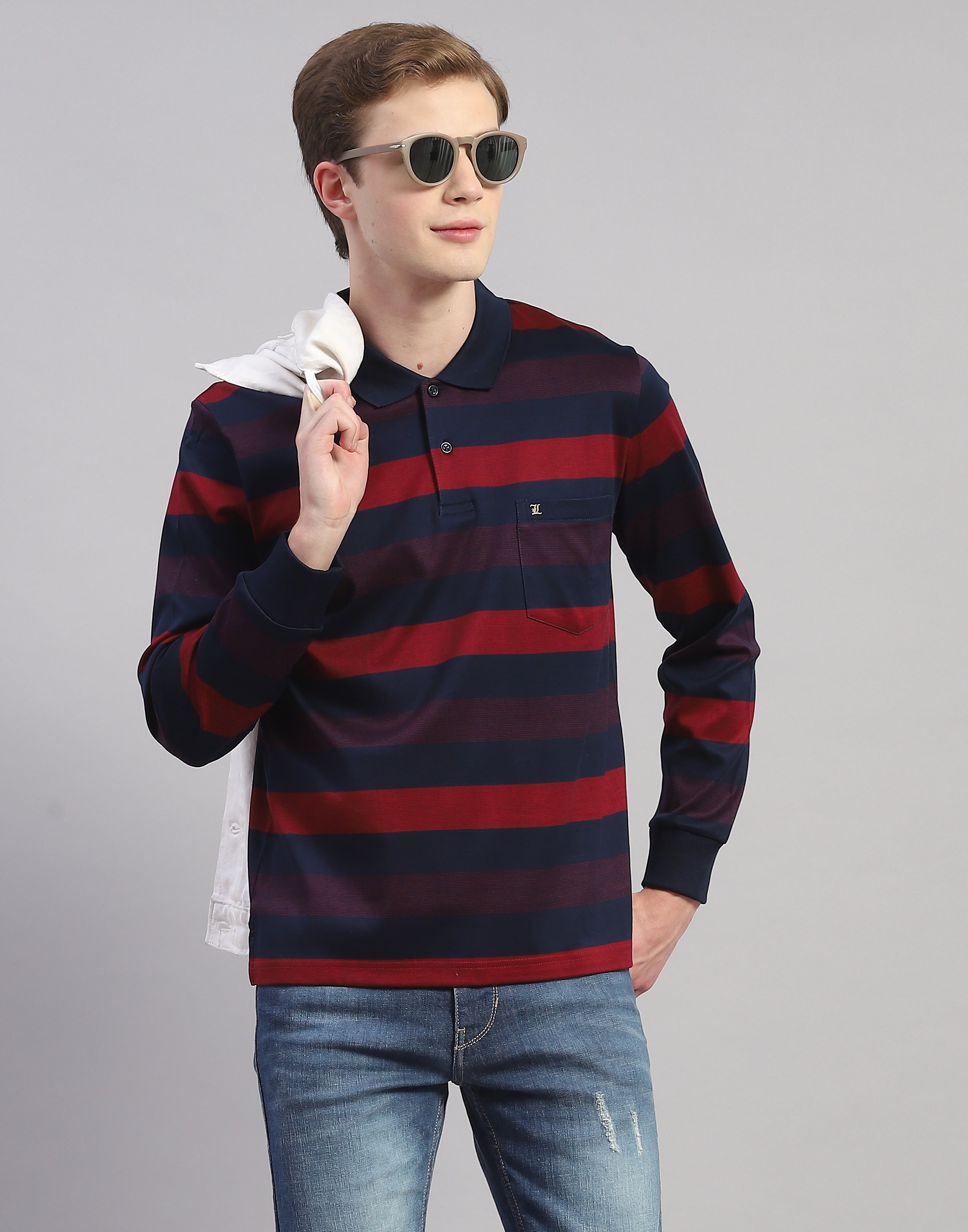 Men Maroon Stripe Polo Collar Full Sleeve T-Shirt