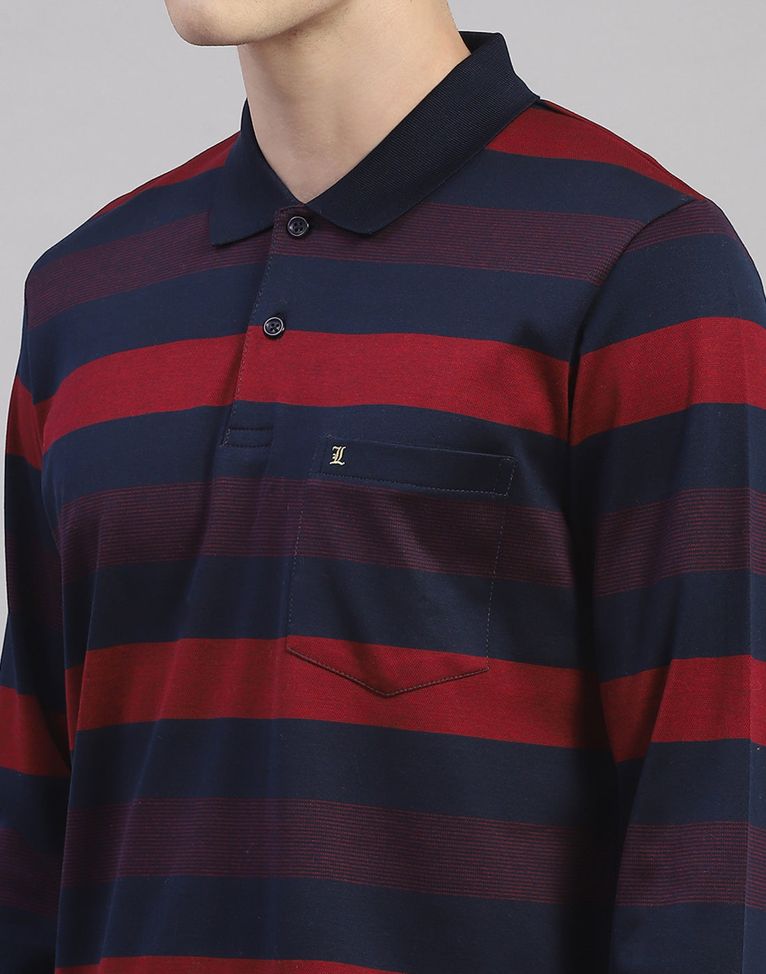 Men Maroon Stripe Polo Collar Full Sleeve T-Shirt