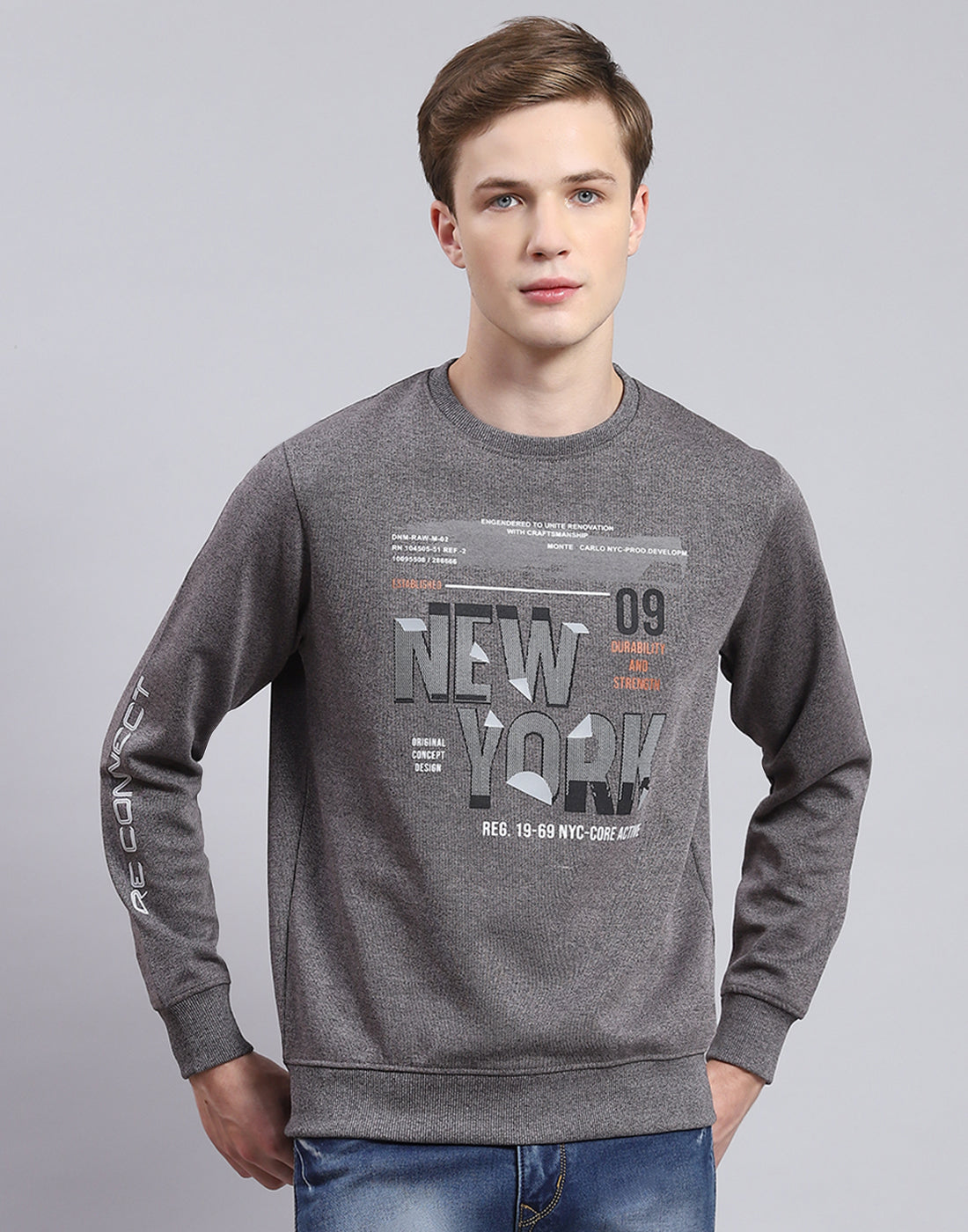 Men Grey Printed Round Neck Full Sleeve T-Shirt