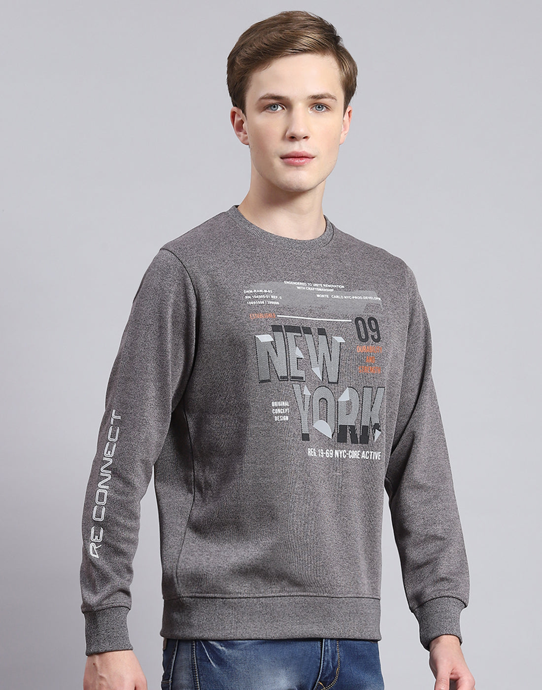 Men Grey Printed Round Neck Full Sleeve T-Shirt