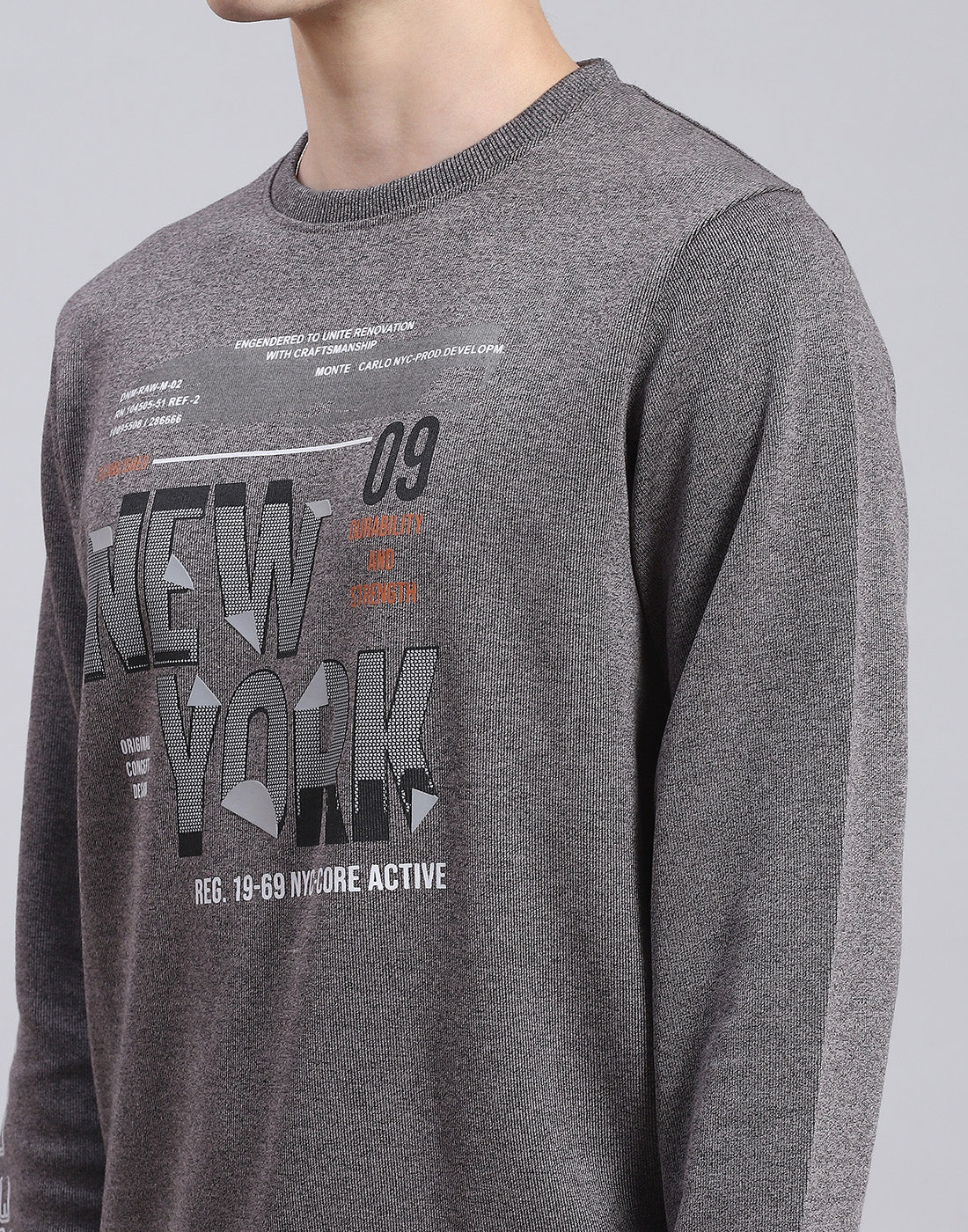 Men Grey Printed Round Neck Full Sleeve T-Shirt