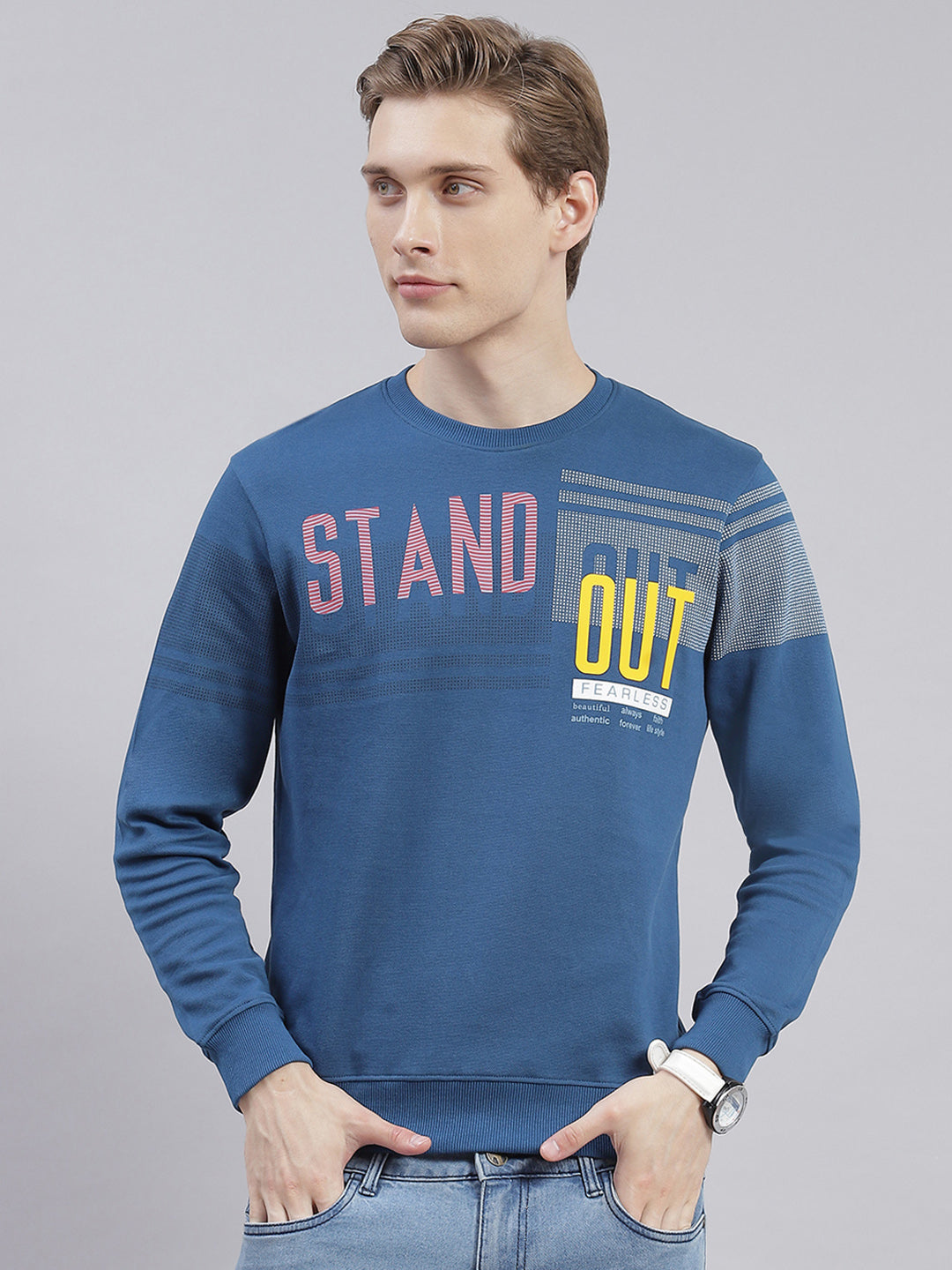 Men Blue Printed Round Neck Full Sleeve Sweatshirts