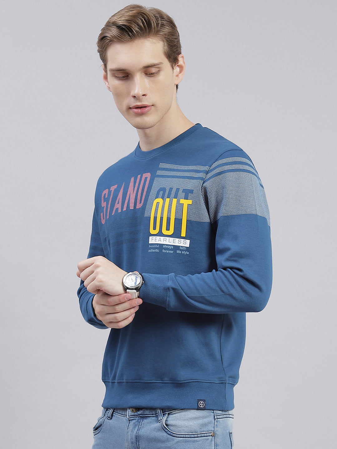 Men Blue Printed Round Neck Full Sleeve Sweatshirts