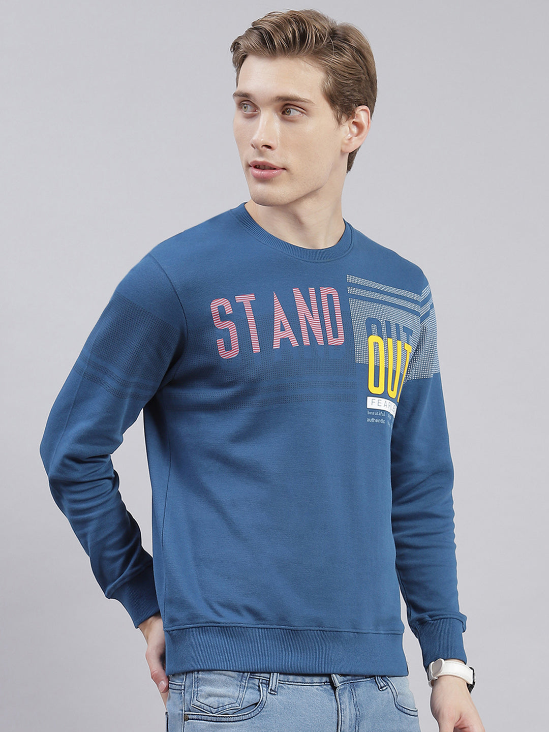 Men Blue Printed Round Neck Full Sleeve Sweatshirts