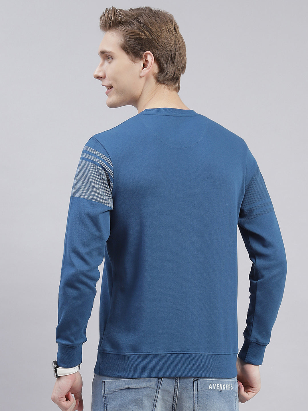 Men Blue Printed Round Neck Full Sleeve Sweatshirts