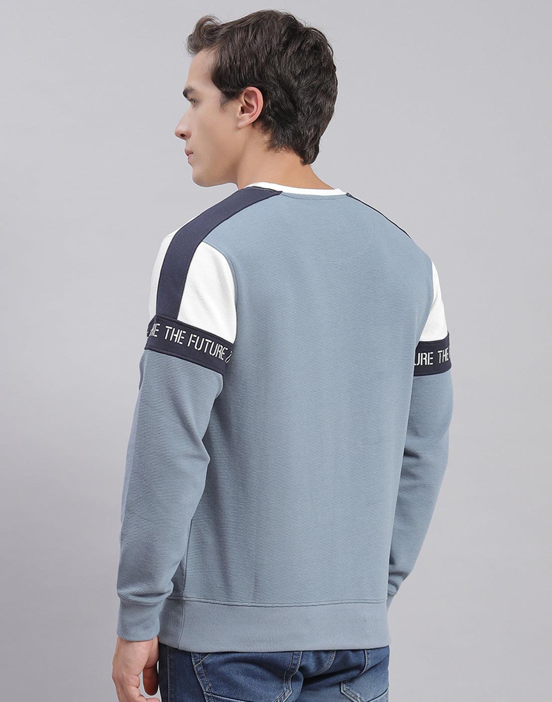 Men Blue Printed Round Neck Full Sleeve Sweatshirts