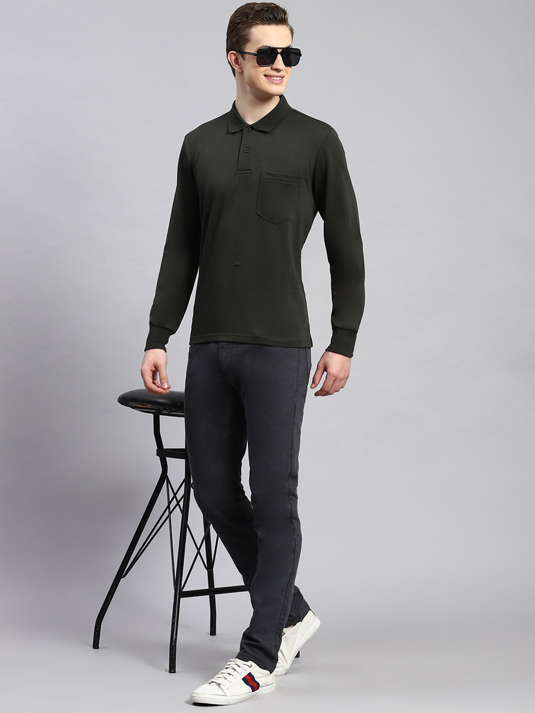 Men Olive Plain Winter T-Shirt