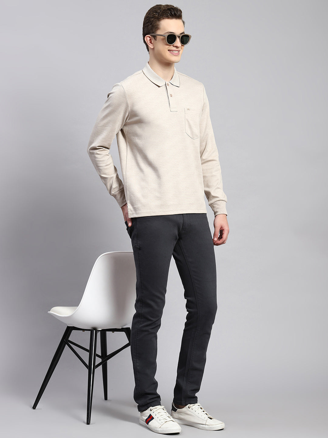Men Beige Plain Winter T-Shirt