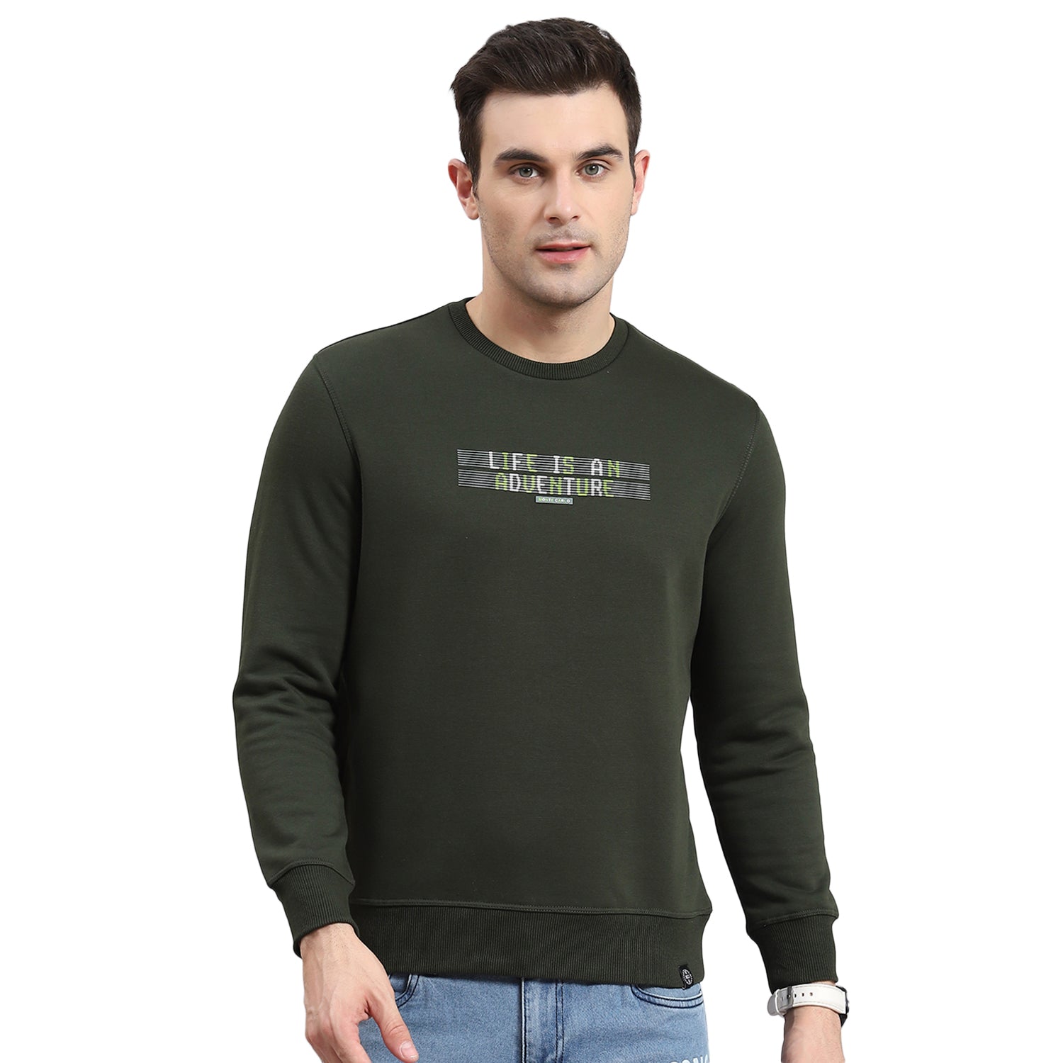Men Olive Solid Round Neck Full Sleeve Sweatshirt