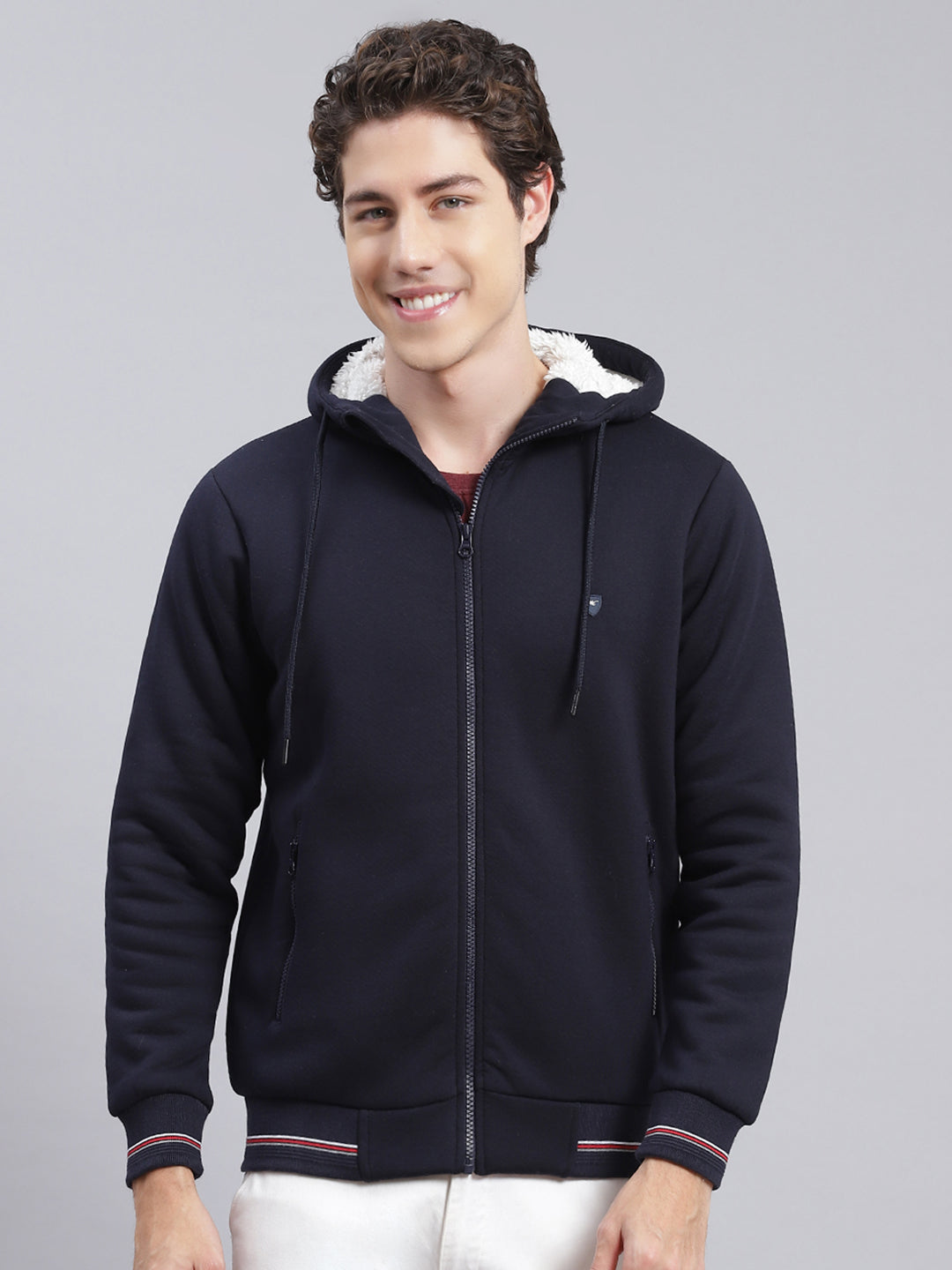 Men Navy Blue Solid Cotton Blend Sweatshirt