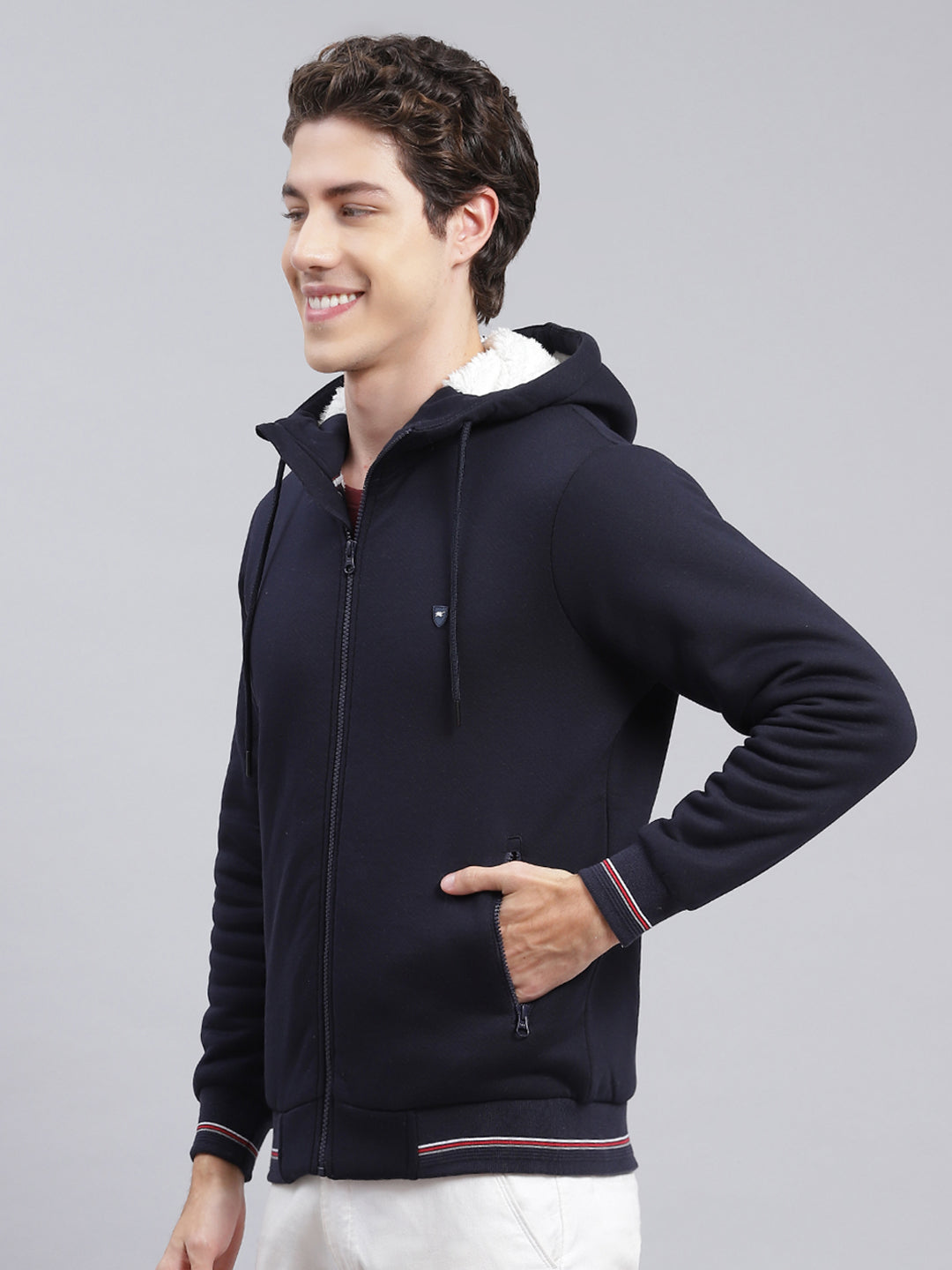 Men Navy Blue Solid Cotton Blend Sweatshirt