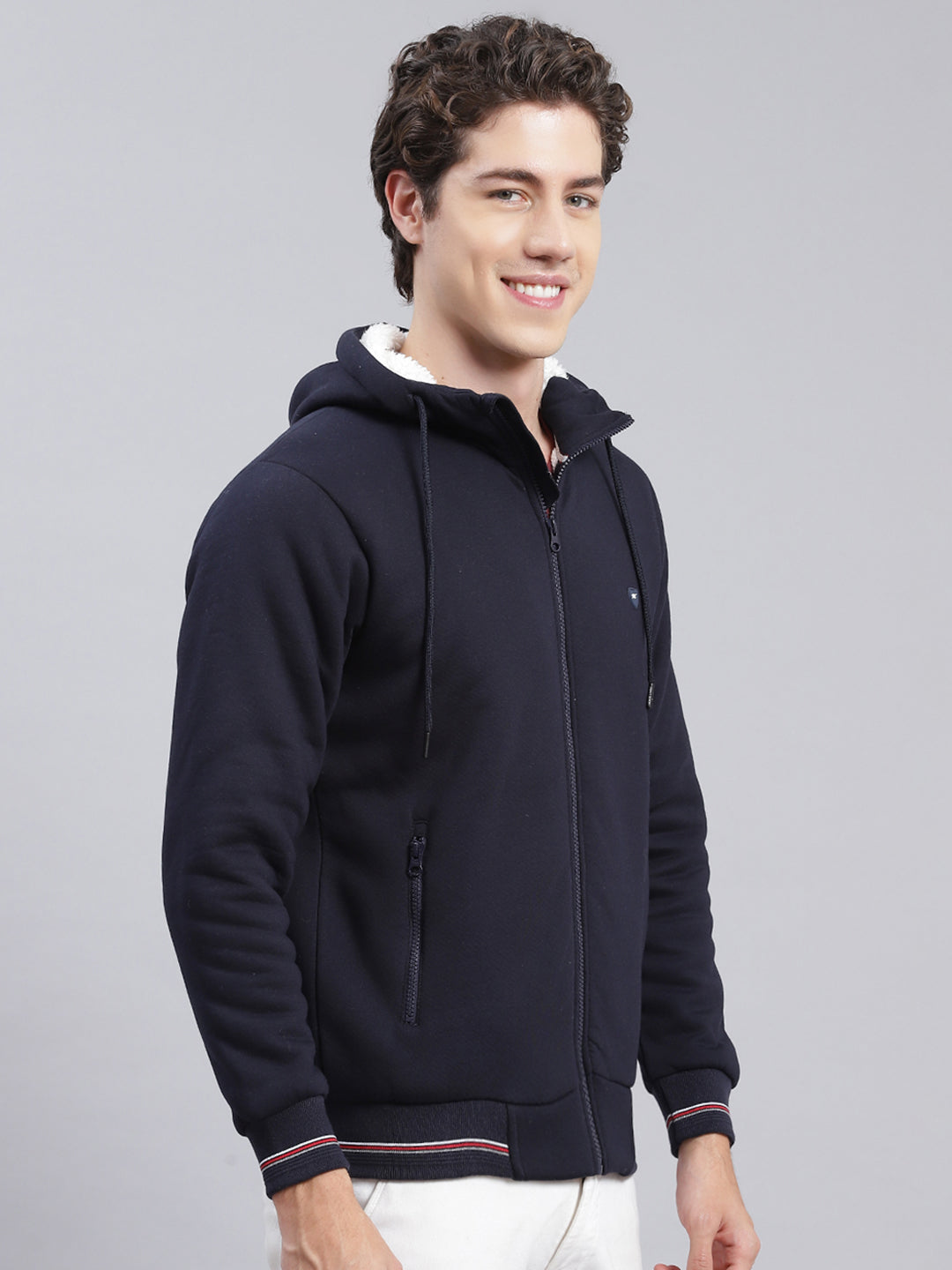 Men Navy Blue Solid Cotton Blend Sweatshirt