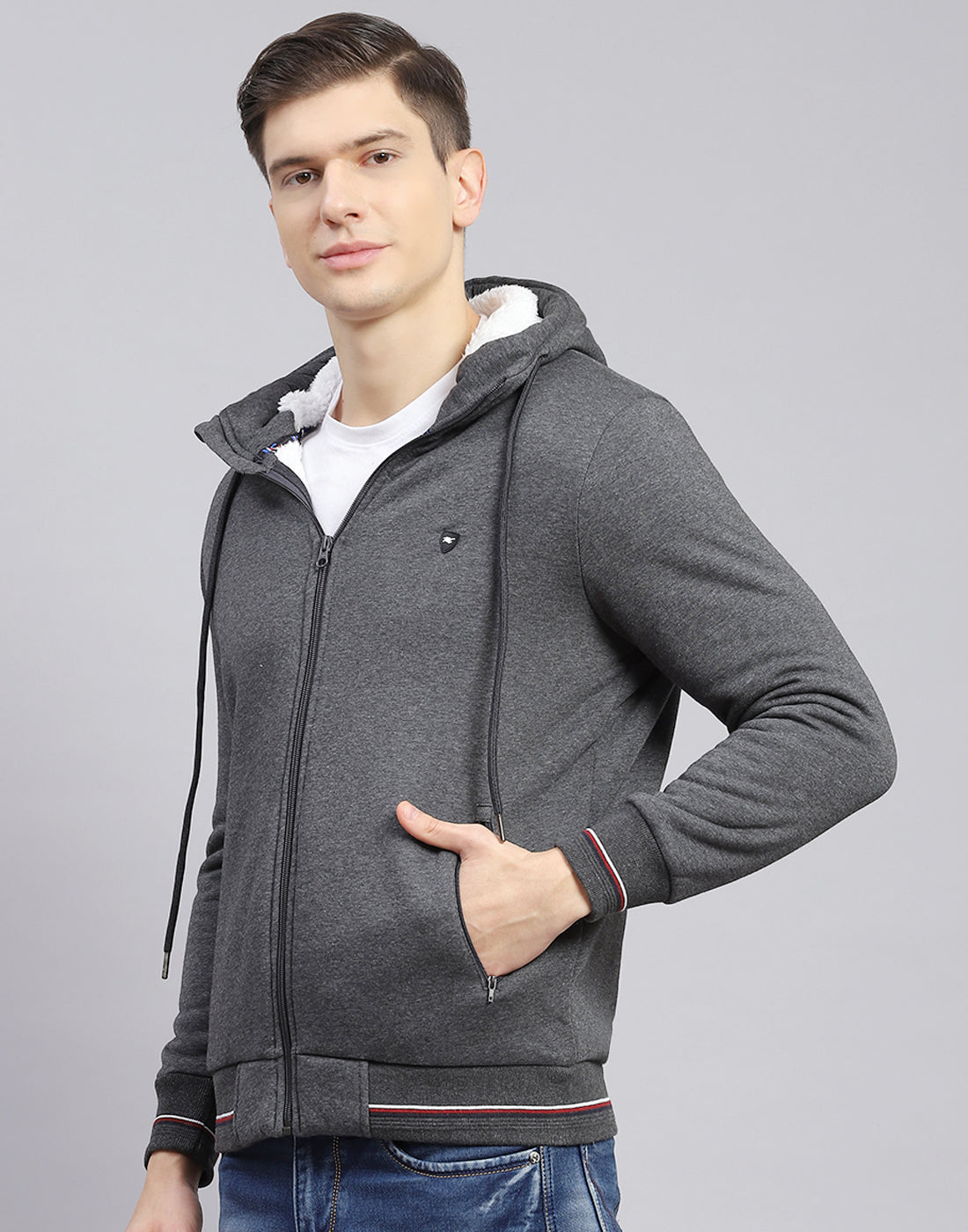 Men Grey Solid Hooded Full Sleeve Sweatshirt