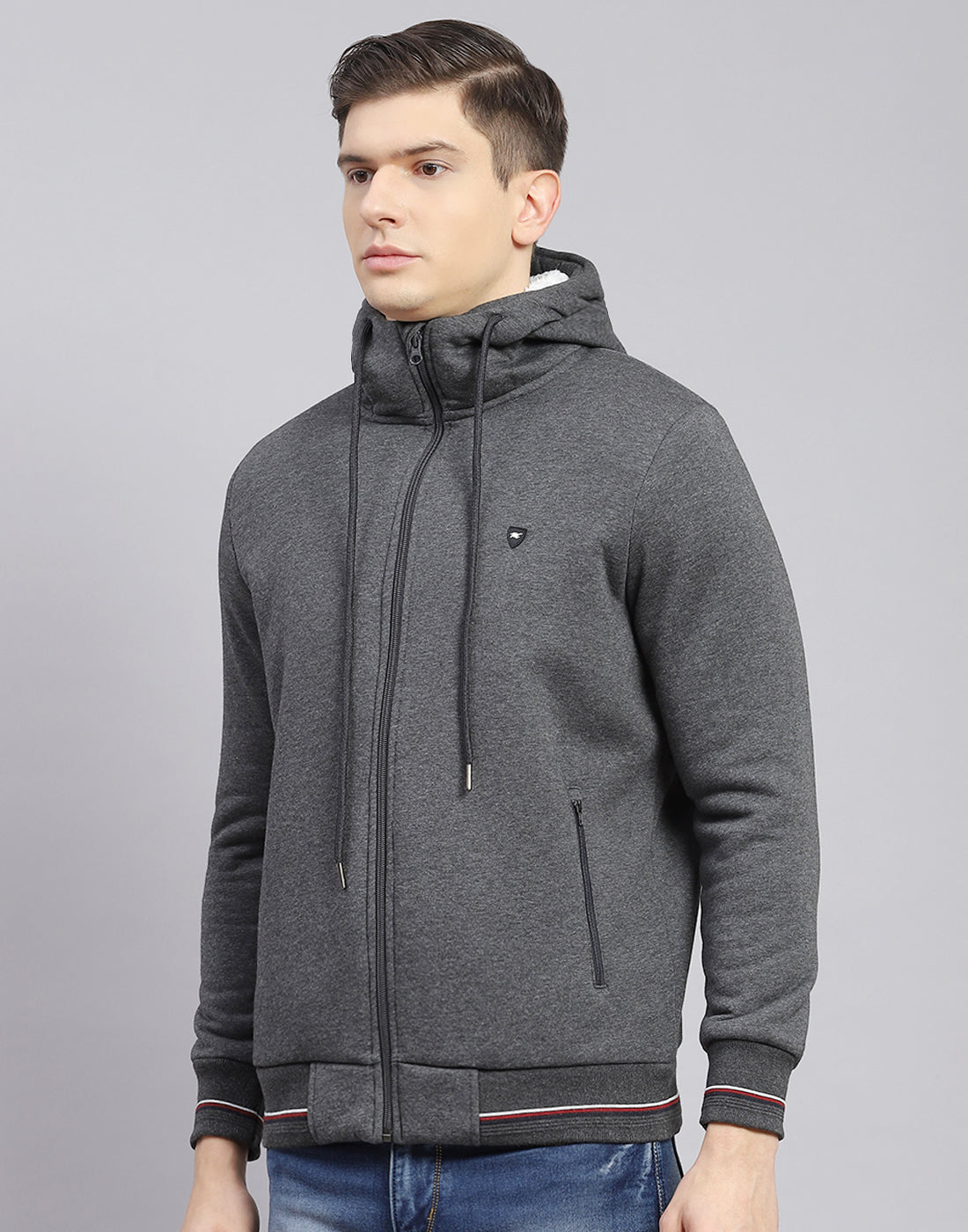Men Grey Solid Hooded Full Sleeve Sweatshirt - Main Image
