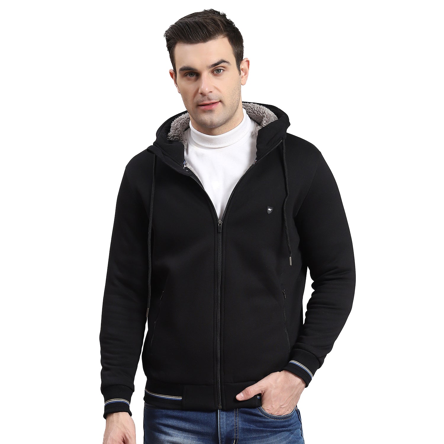 Men Black Solid Hooded Full Sleeve Sweatshirt