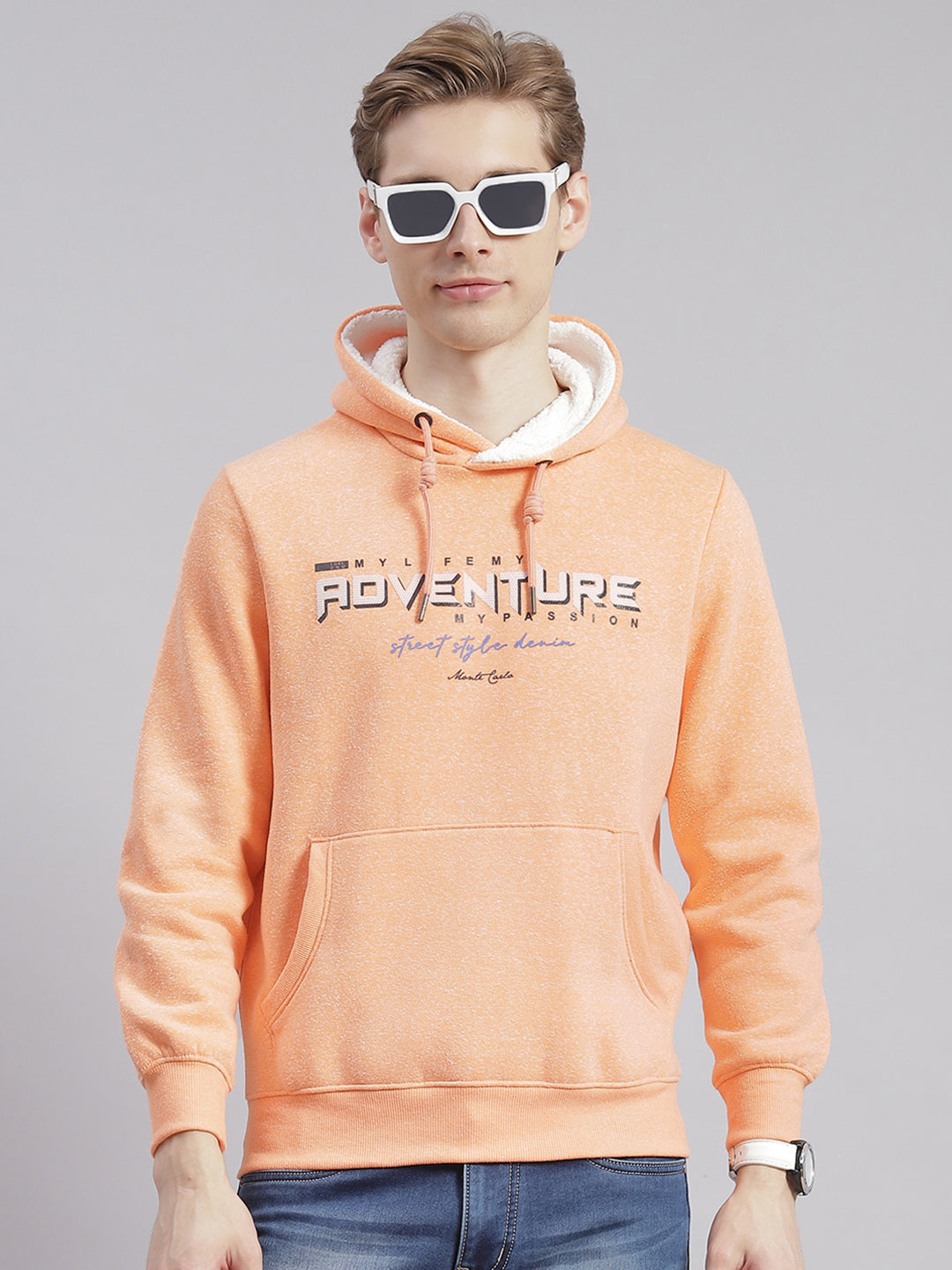 Men Orange Printed Hooded Full Sleeve Sweatshirts