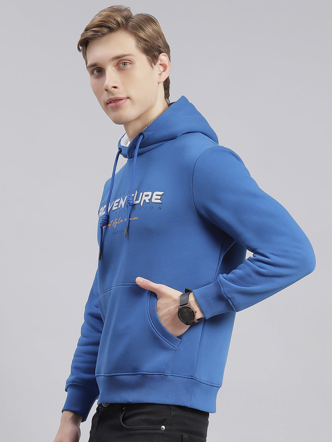 Men Blue Printed Hooded Full Sleeve Sweatshirts