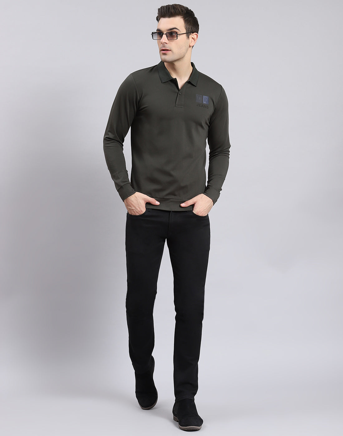 Buy Men Olive Solid Polo Collar Full Sleeve T-Shirt Online in