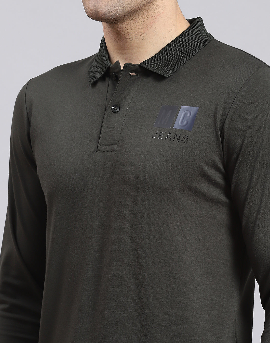 Men Olive Solid Polo Collar Full Sleeve T-Shirt