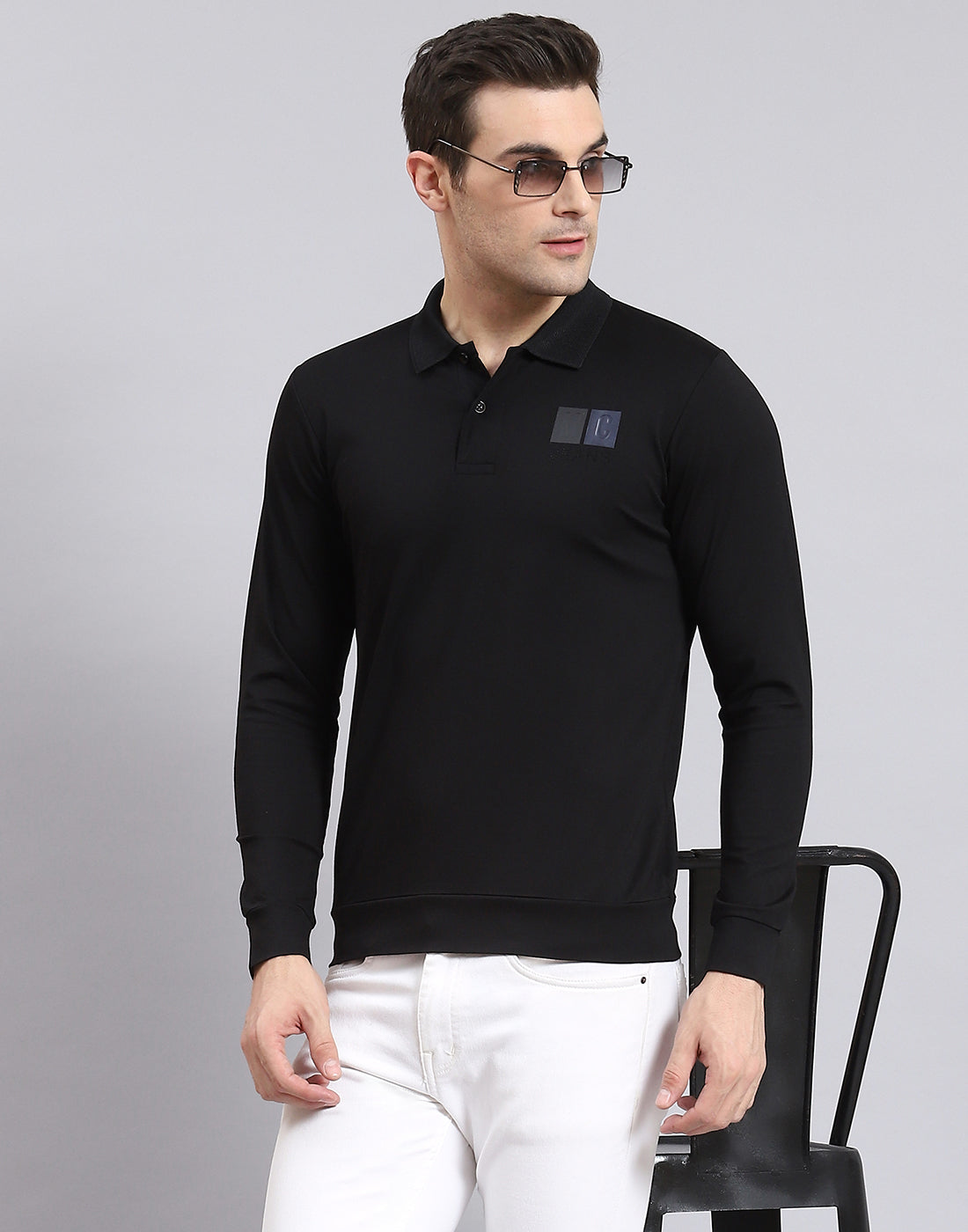 Men Black Solid Polo Collar Full Sleeve T-Shirt