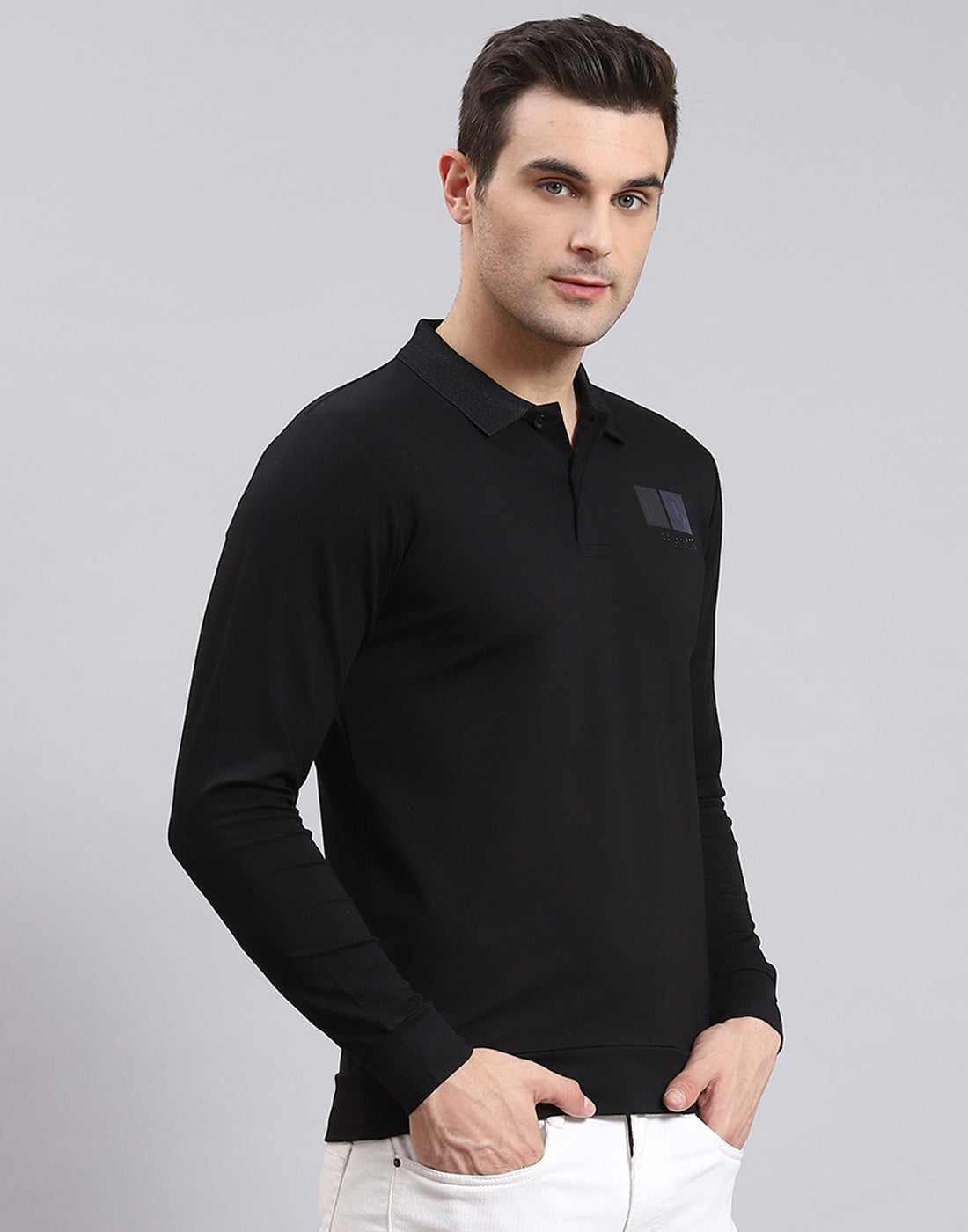 Men Black Solid Polo Collar Full Sleeve T-Shirt
