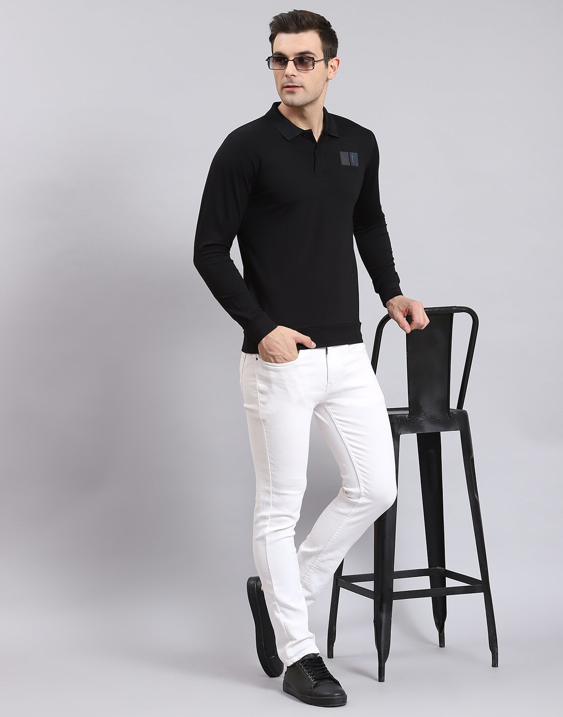 Polo Shirt White T Shirt Black Pants Outfit Men Black Solid Polo