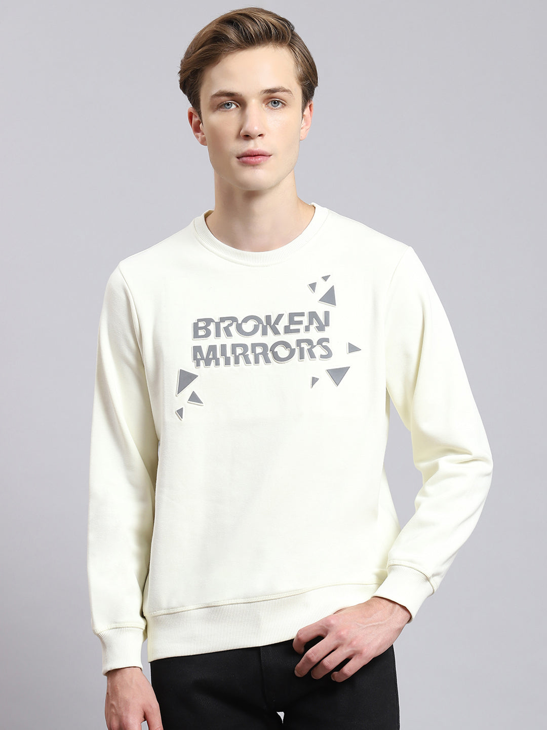 Men Off White Printed Round Neck Full Sleeve Sweatshirt