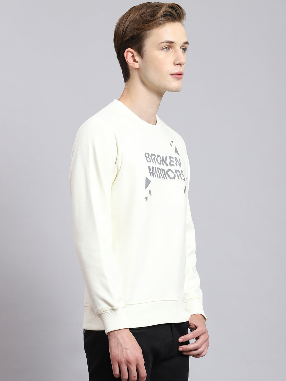 Men Off White Printed Round Neck Full Sleeve Sweatshirt