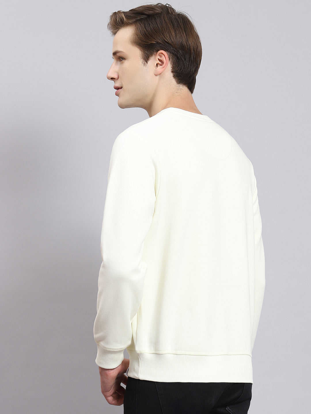 Men Off White Printed Round Neck Full Sleeve Sweatshirt