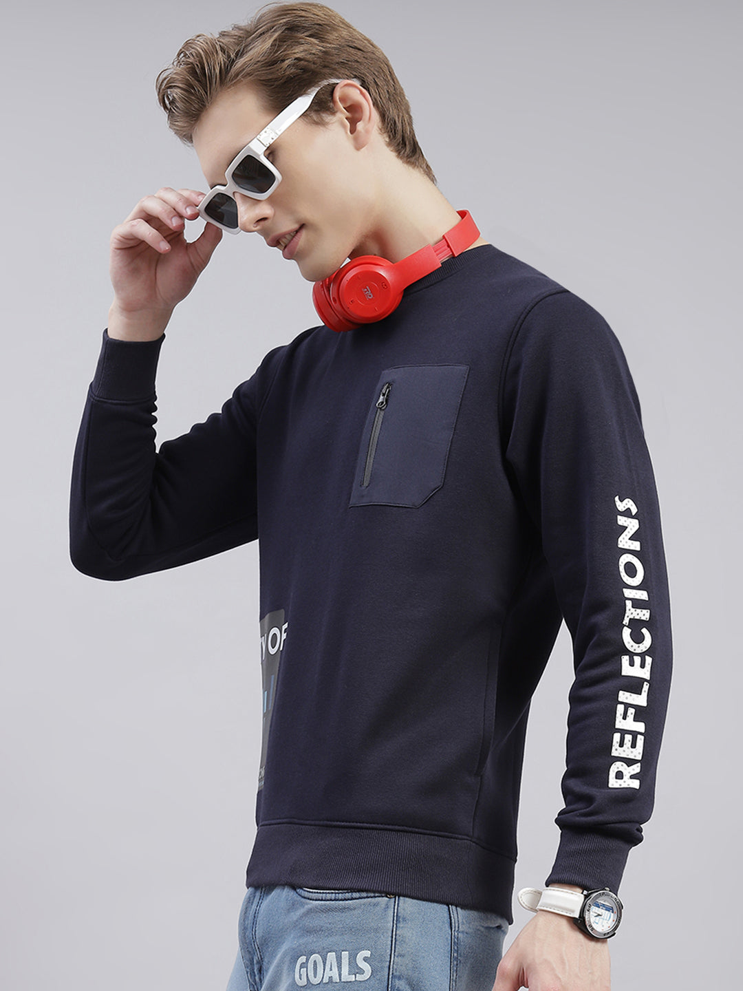 Men Navy Blue Printed Round Neck Full Sleeve Sweatshirts