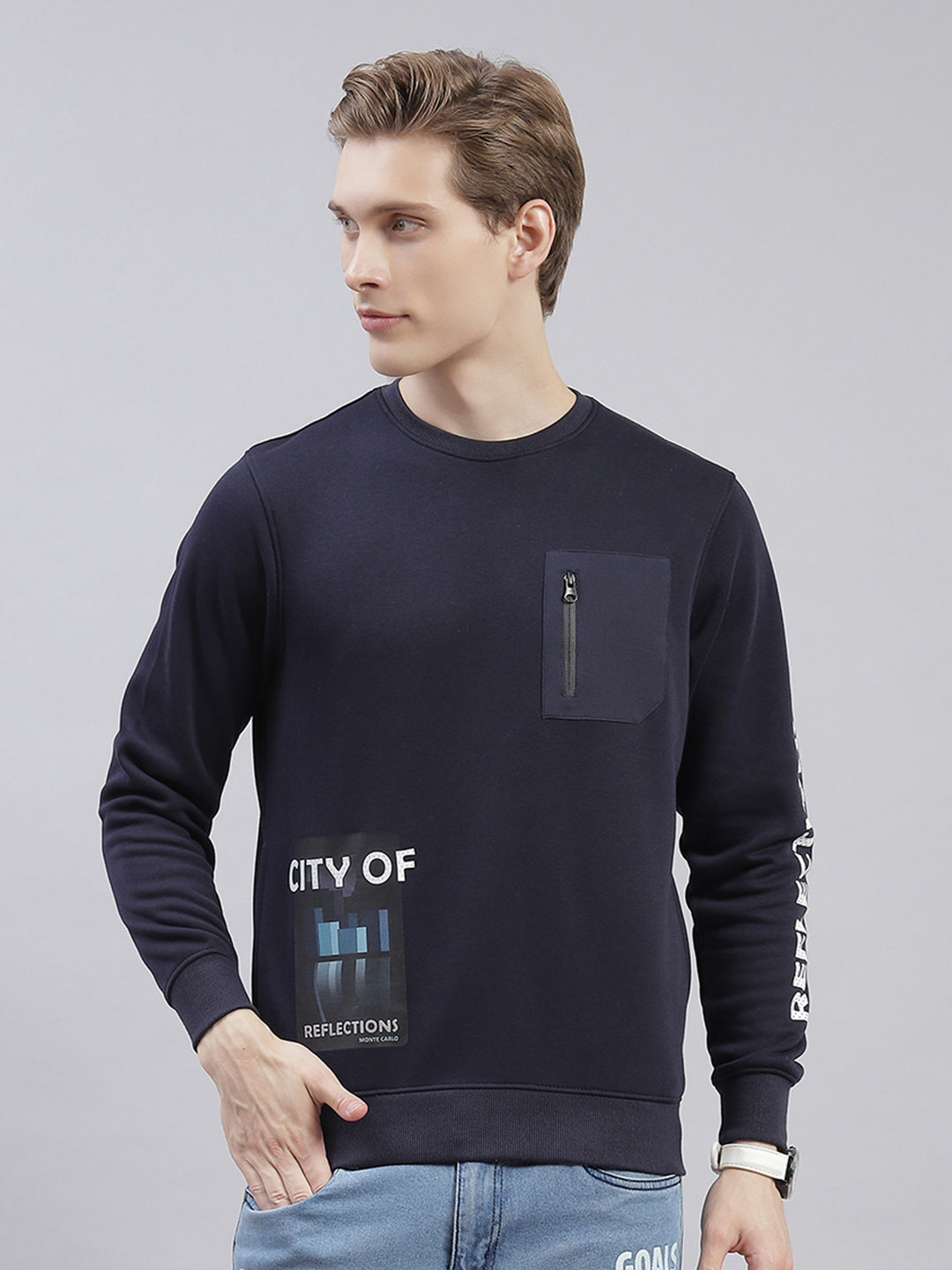 Men Navy Blue Printed Round Neck Full Sleeve Sweatshirts