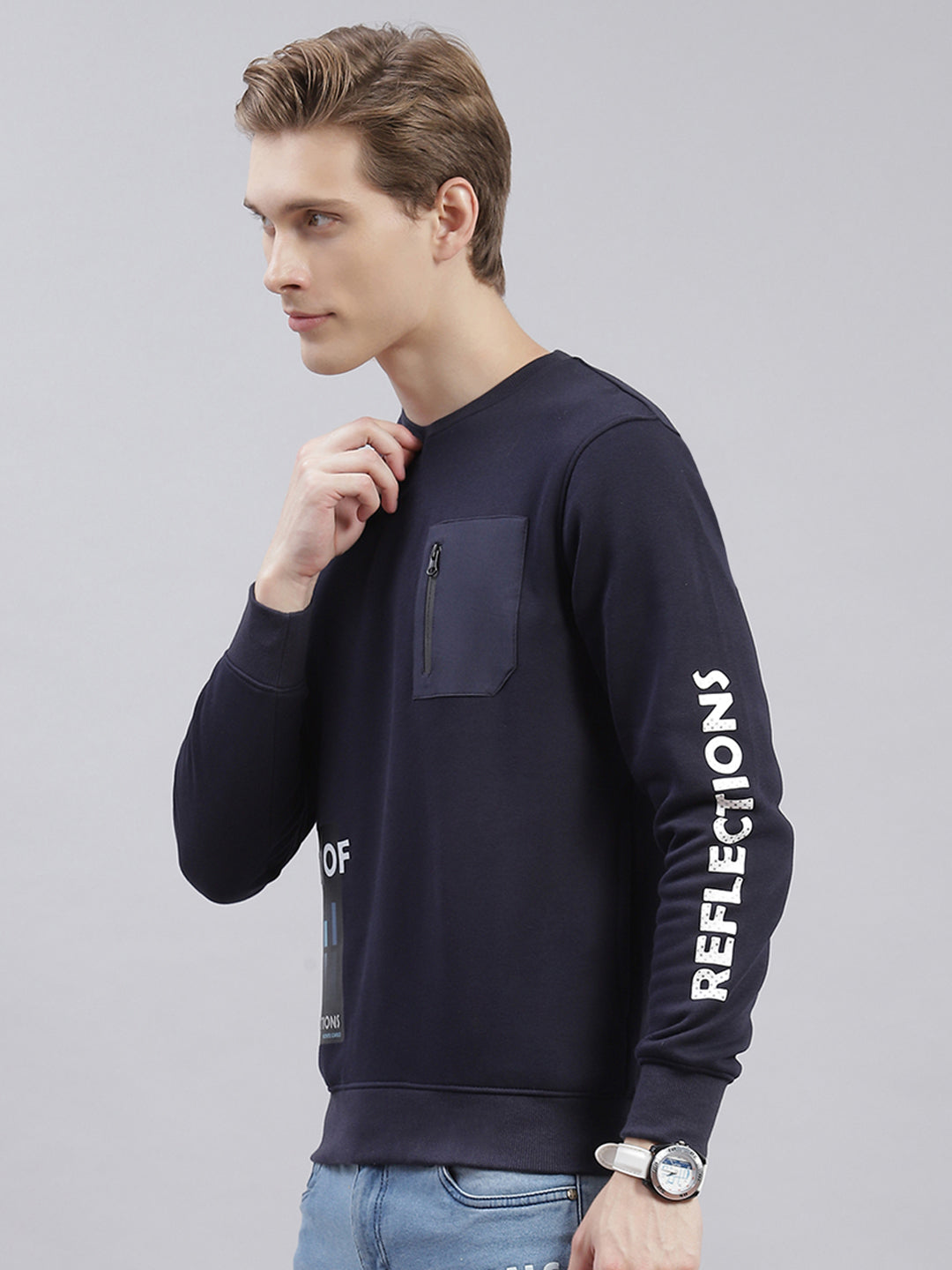 Men Navy Blue Printed Round Neck Full Sleeve Sweatshirts