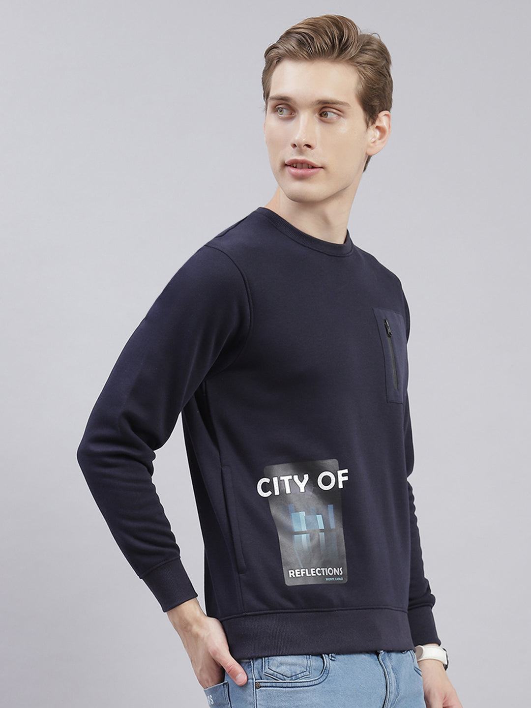 Men Navy Blue Printed Round Neck Full Sleeve Sweatshirts