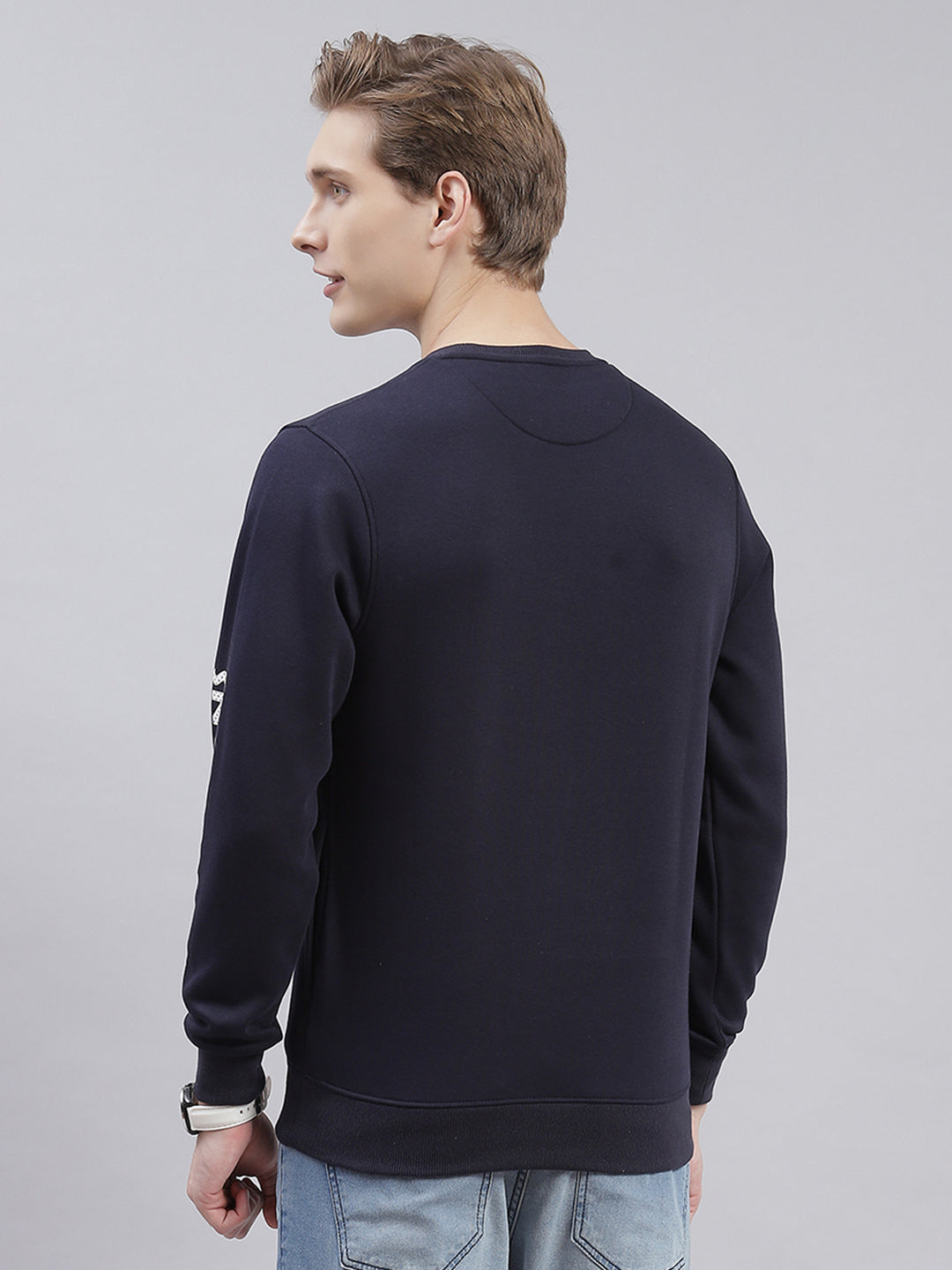 Men Navy Blue Printed Round Neck Full Sleeve Sweatshirts