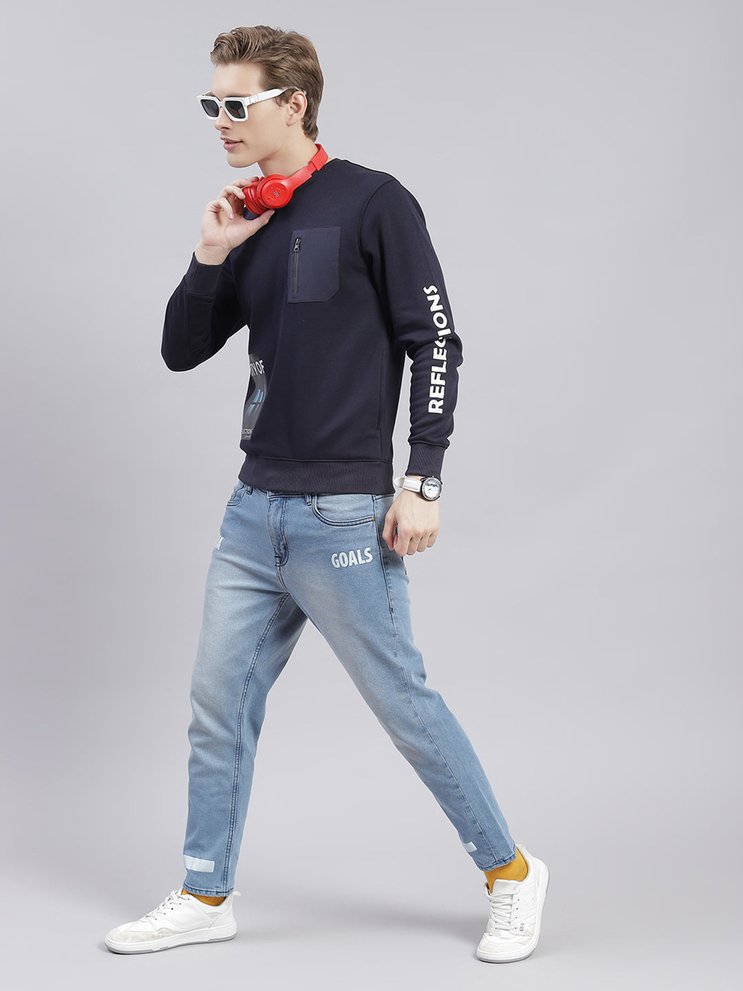 Men Navy Blue Printed Round Neck Full Sleeve Sweatshirts