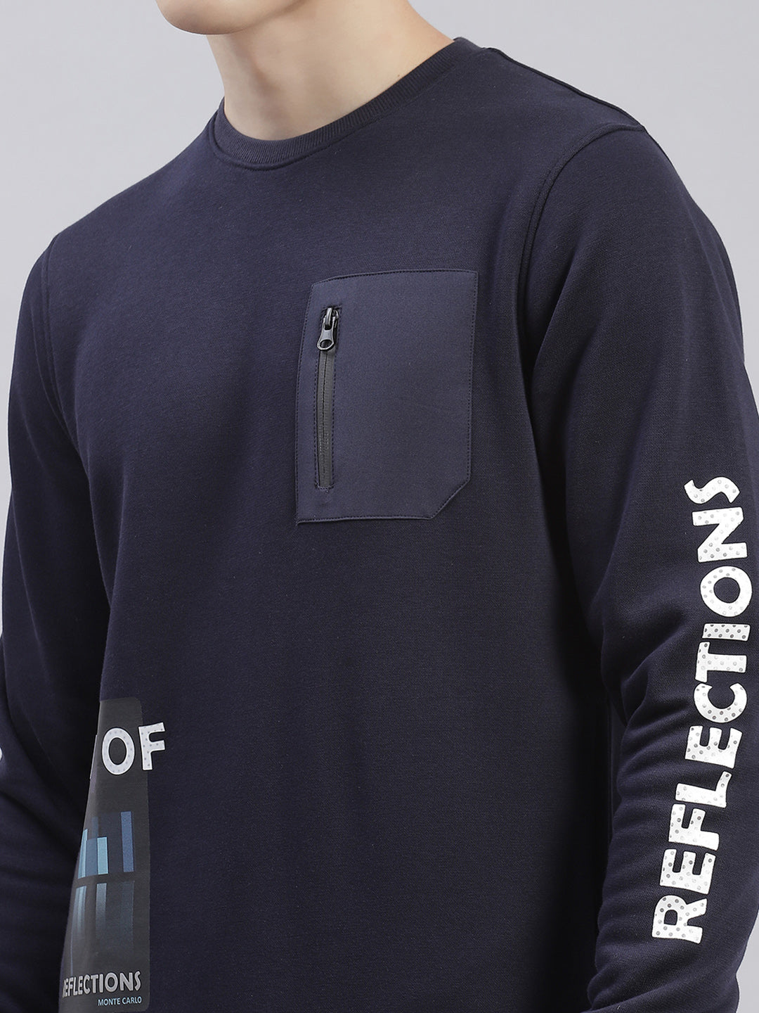 Men Navy Blue Printed Round Neck Full Sleeve Sweatshirts