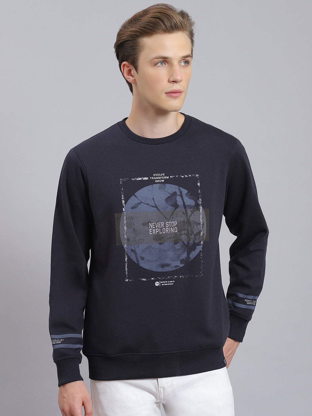 Men Navy Blue Printed Round Neck Full Sleeve Sweatshirt