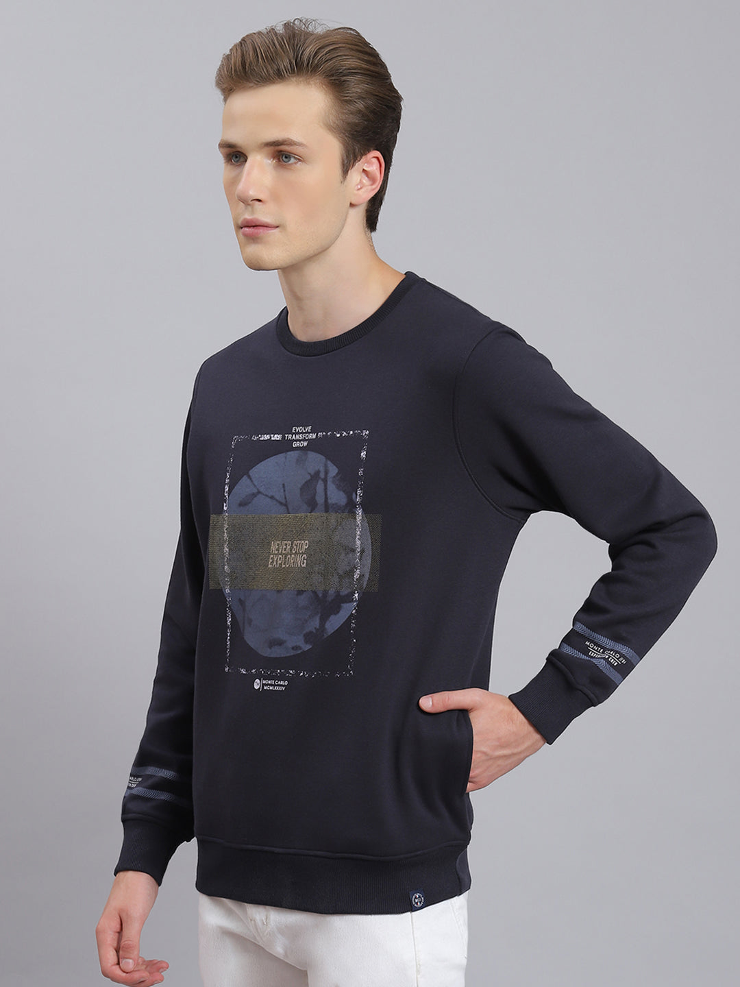 Men Navy Blue Printed Round Neck Full Sleeve Sweatshirt
