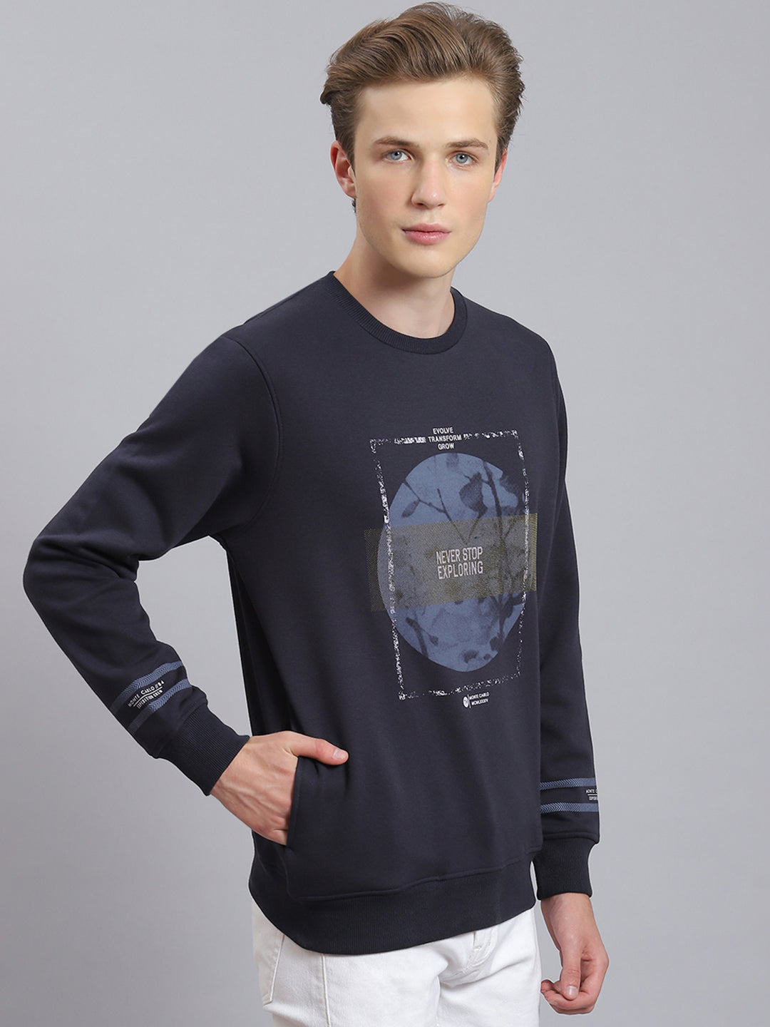 Men Navy Blue Printed Round Neck Full Sleeve Sweatshirt