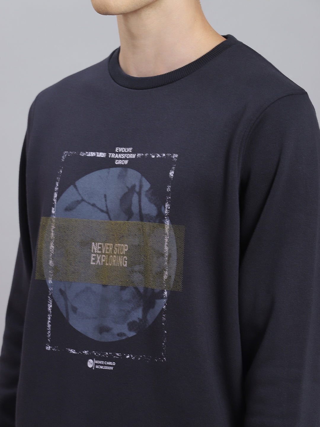 Men Navy Blue Printed Round Neck Full Sleeve Sweatshirt