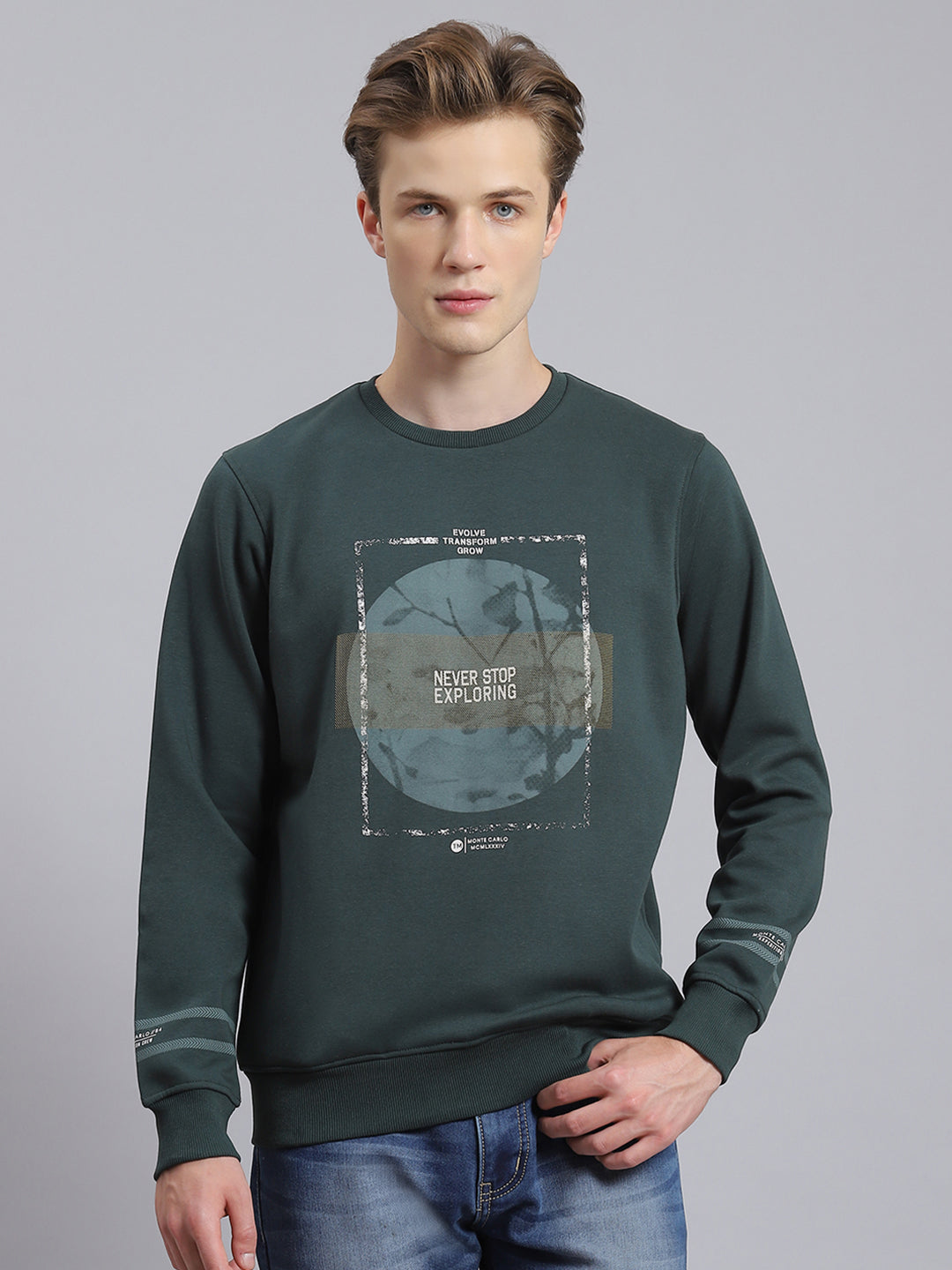 Men Green Printed Round Neck Full Sleeve Sweatshirt