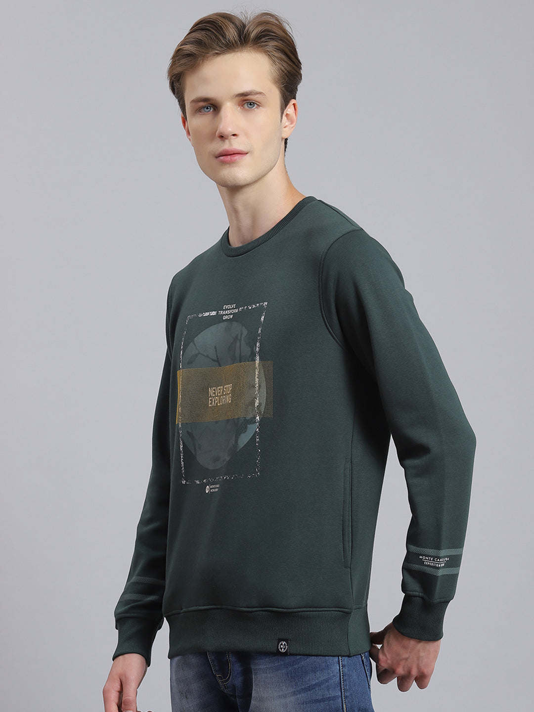 Men Green Printed Round Neck Full Sleeve Sweatshirt