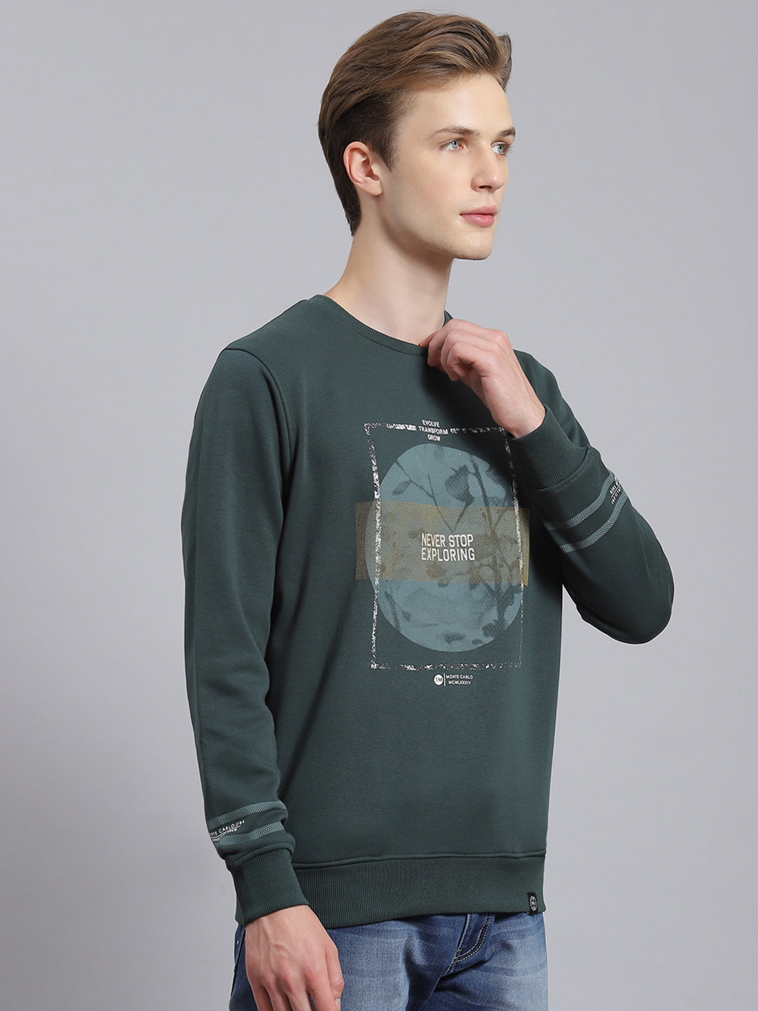 Men Green Printed Round Neck Full Sleeve Sweatshirt