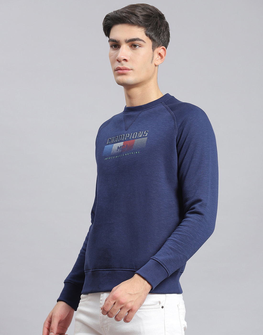 Men Navy Blue Printed Round Neck Full Sleeve Sweatshirt