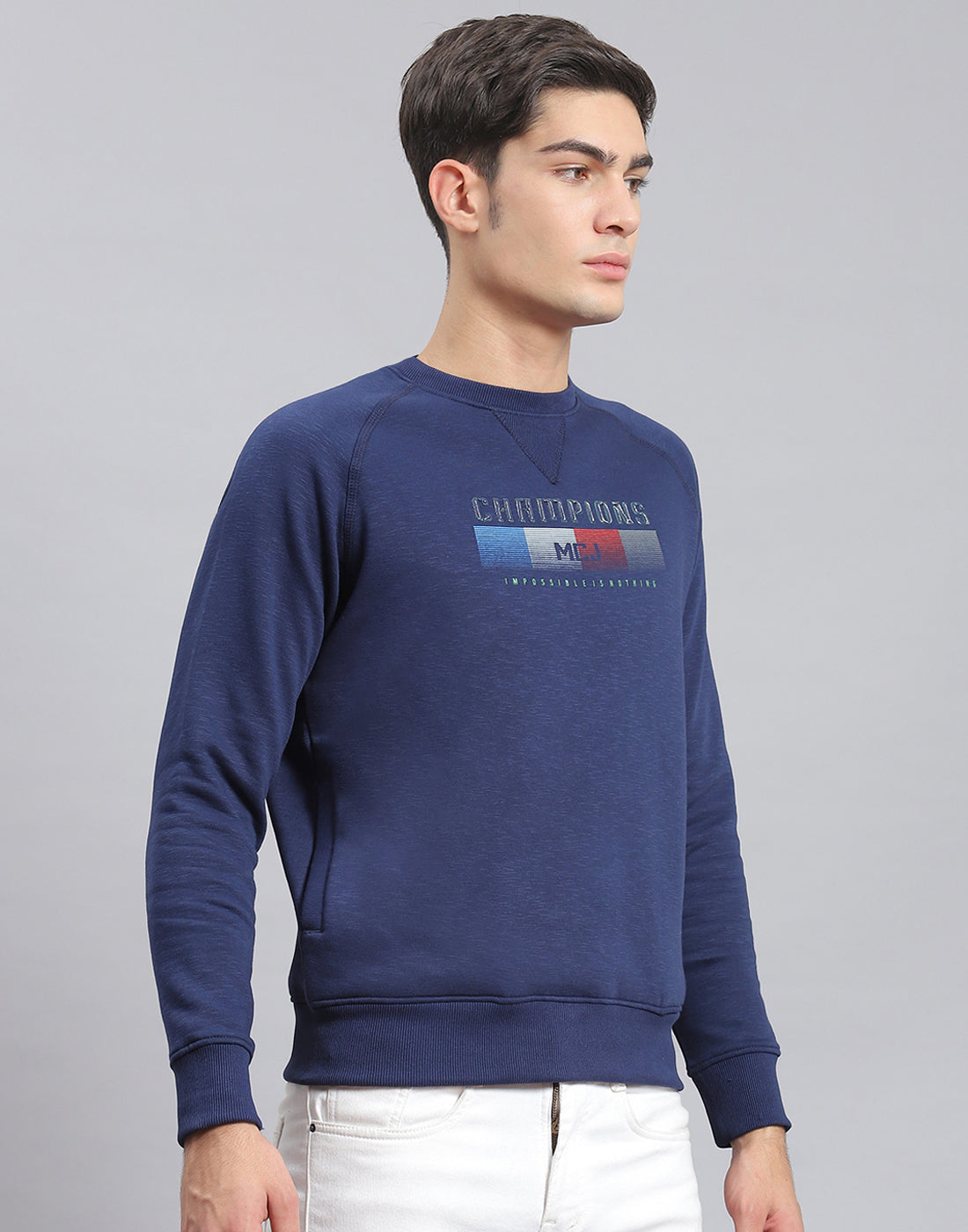 Men Navy Blue Printed Round Neck Full Sleeve Sweatshirt