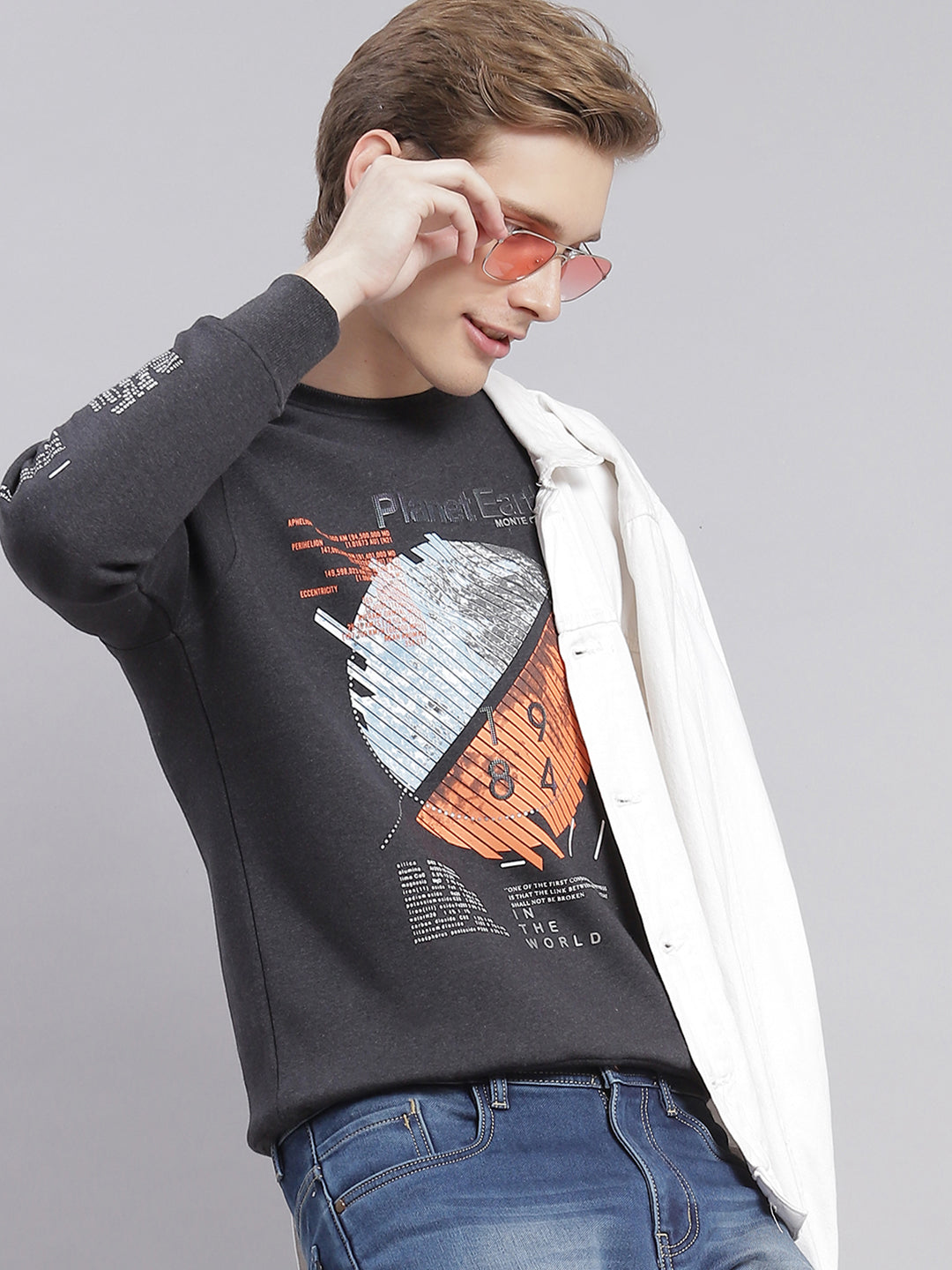 Men Grey Printed Round Neck Full Sleeve Sweatshirts