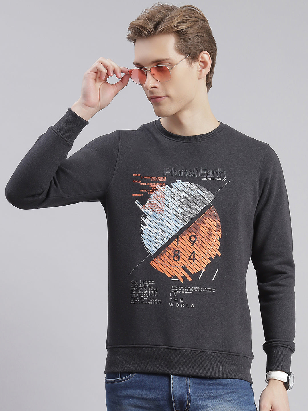 Men Grey Printed Round Neck Full Sleeve Sweatshirts