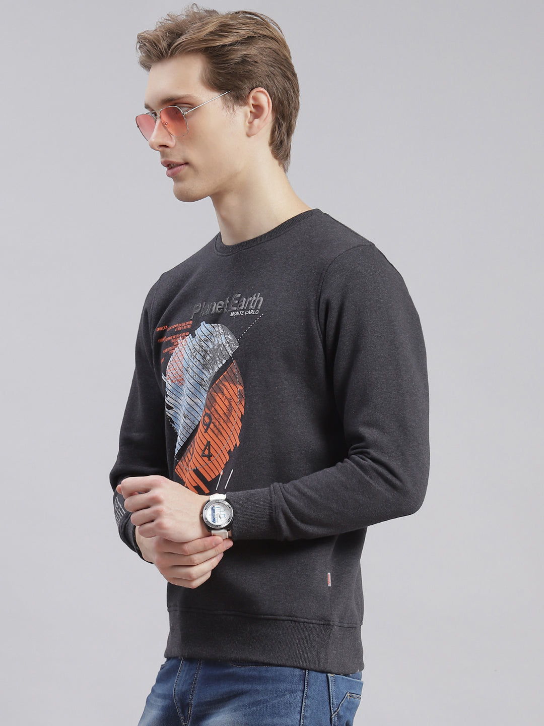 Men Grey Printed Round Neck Full Sleeve Sweatshirts